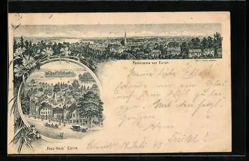 Vorläufer-Lithographie Eutin, 1893, Voss-Haus, Panoramablick auf den Ort