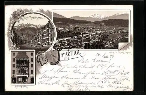Vorläufer-Lithographie Innsbruck, 1894, Goldenes Dachl, Marie-Theresienstrasse
