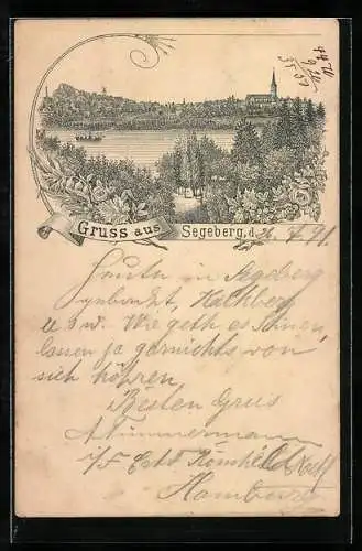 Vorläufer-Lithographie Segeberg, 1891, Blick über den See auf den Ort
