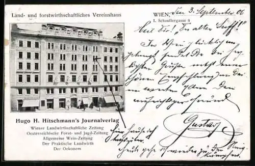AK Wien, Land- und forstwirthschaftliches Vereinshaus, Hugo H. Hitschmann`s Journalverlag, Schauflergasse 6