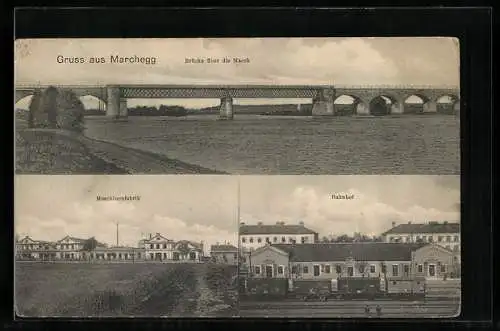 AK Marchegg, Bahnhof, Maschinenfabrik, Brücke über die March