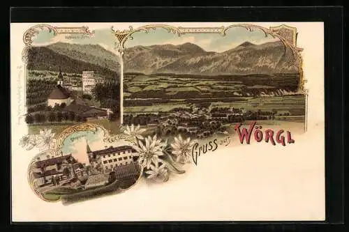 Lithographie Wörgl, Schloss Itter, Hauptplatz, Gesamtansicht aus der Vogelschau
