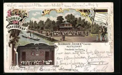 Lithographie Wien II, Gerhard Zieger`s Caffee Restaurant m. Dampfer, Freuden am Spitz