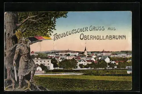 AK Oberhollabrunn, Germane mit Schwert und Schutzschild blickt zur Ortschaft