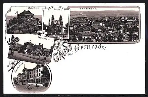 Lithographie Gernrode / Harz, Hotel Haus Hagenmal, Stubenberg, Sternhaus, Kirche, Totalansicht