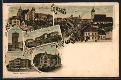 Lithographie Wurzen, Ortspartie mit altem Schloss, Jäger-Kaserne, Gymnasium