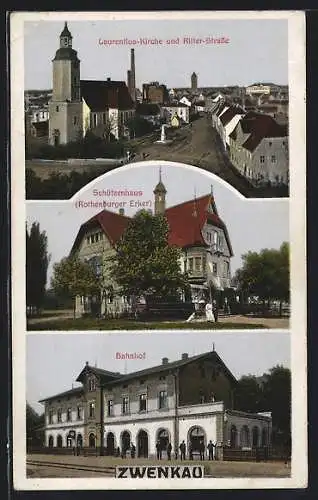 AK Zwenkau, der Bahnhof mit wartenden Passagieren, Laurentius Kirche und Ritter Strasse, Schützenhaus