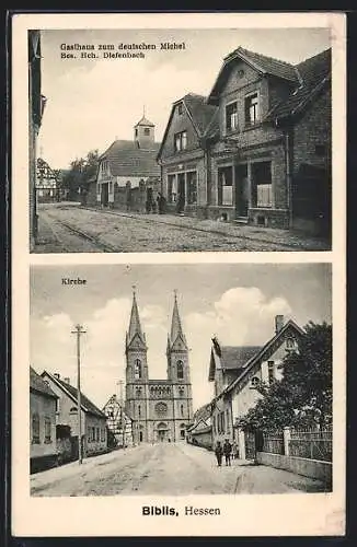 AK Biblis /Hessen, Gasthaus zum deutschen Michel, Kirche