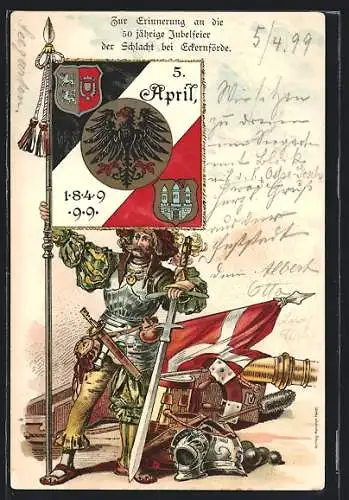 Lithographie 5. April 1849 -1899, Landsknecht mit Fahne