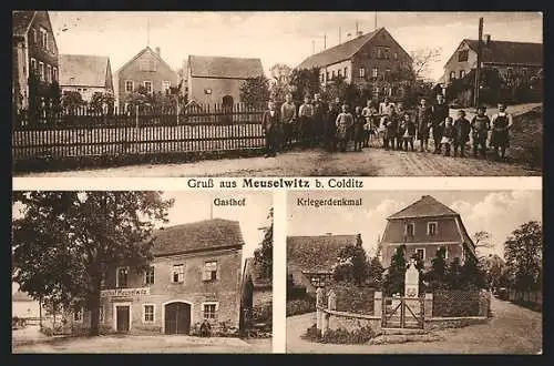 AK Meuselwitz / Colditz, Gasthof, Kriegerdenkmal, Ortspartie