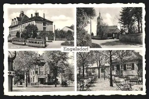 AK Engelsdorf / Leipzig, Gaststätte Zum guten Tropfen, Garten, Schule mit Strassenbahn