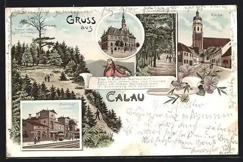 Lithographie Calau, Bahnhof, Rathaus, Kirche