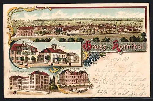 Lithographie Kornthal / Württ., Gasthaus, Höheres Töchterinstitut, Neue Lateinschule