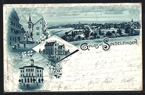 Lithographie Sindelfingen, Königliches Post-Amt, Rathaus, Brunnen
