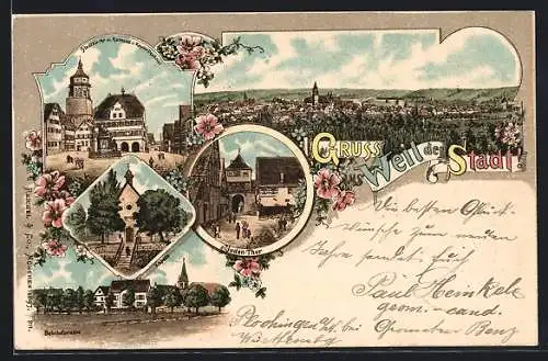 Lithographie Weil der Stadt, Juden-Tor, Kapelle, Stadtkirche mit Rathaus u. Keppler-Denkmal