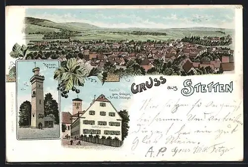 Künstler-AK Stetten / Remstal, Gasthof zum Ochsen, Kernen-Turm, Teilansicht