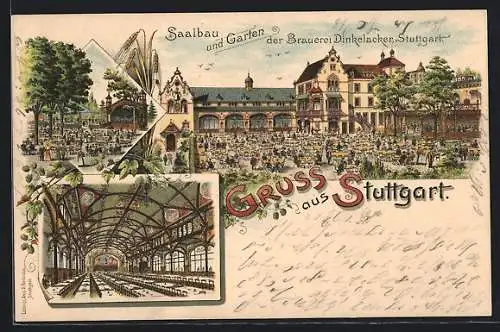 Lithographie Stuttgart, Brauerei und Gasthaus Dinkelacker, Innen- und Aussenansicht