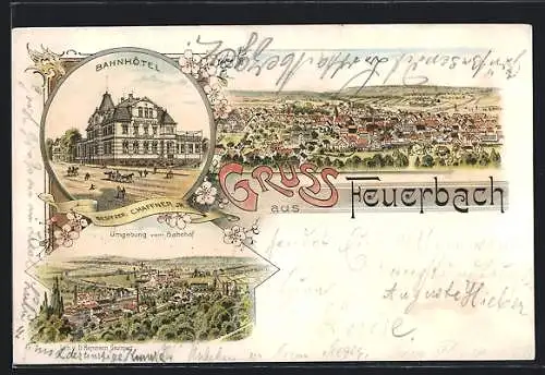 Lithographie Feuerbach / Stuttgart, Bahnhotel, Teilansichten