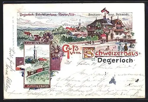 Lithographie Stuttgart-Degerloch, Schweizerhaus, Rauhe Alb, Aussichtsturm und Zahnradbahn