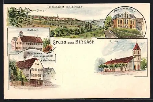 Lithographie Birkach / Stuttgart, Gemischtwarengeschäft von Witwe Käfer, Rathaus, Kirche