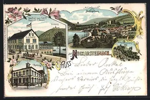 Lithographie Neckarsteinach, Gasthof zum Schiff, Burg Schwalbennest, Rathaus