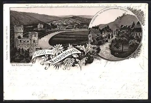 Vorläufer-Lithographie Neckarsteinach, 1895, Das Schwalbennest, Dilsberg vom Ort aus gesehen