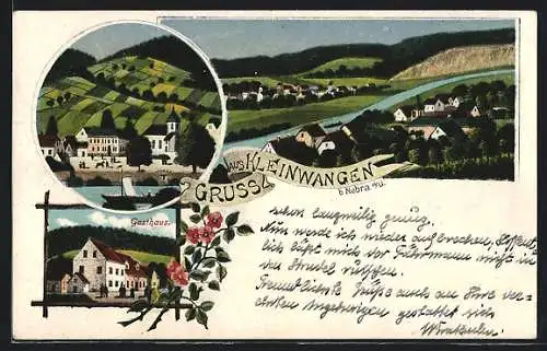 Künstler-AK Kleinwangen b. Nebra, Gasthaus, Kirche, Teilansicht