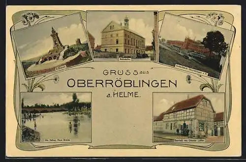 AK Oberröblingen a. Helme, Gasthaus Ratskeller, Geschäft von Ottmar Löffler, Zuckerfabrik Oberröblingen