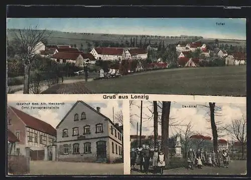 AK Lonzig, Totalansicht, Gasthof Heckardt, Denkmal mit Kindergruppe