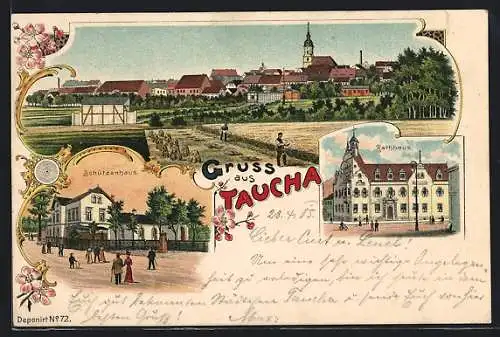 Lithographie Taucha, Strassenpartie mit Schützenhaus, Rathaus