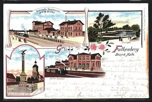 Lithographie Falkenberg /Bez. Halle, Bahnhofs-Restaurant und Bahnhof, Kriegerdenkmal und Kirche