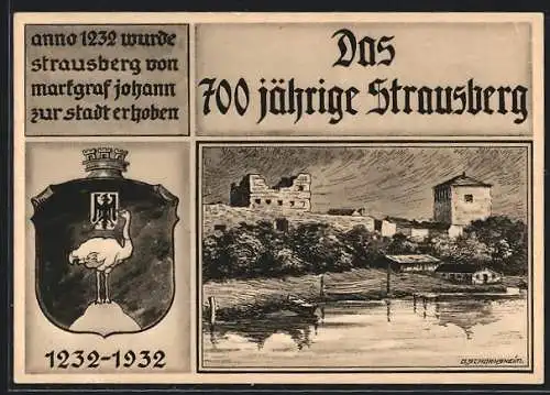 Künstler-AK Strausberg, 700 Jahrfeier der Stadt 1932, Burgruine am See
