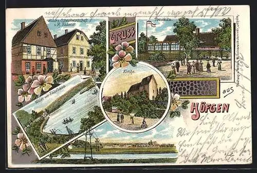 Lithographie Höfgen / Grimma, Mühle und Gasthaus Ruhmer mit Veranda, Kirche, Mulde mit Fährhaus