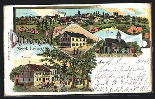 Lithographie Leipzig-Dittmannsdorf, Gesamtansicht, Schule, Kirche, Gasthof