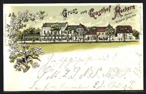 Lithographie Mockern, Pferdekutsche vor dem Gasthof, Inh. Richard Graichen