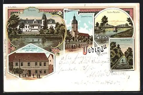 Lithographie Uebigau / Elster, Schloss, Stadtkirche, Gasthaus mit Post