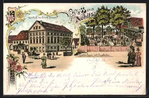 Lithographie Nobitz, Gasthof Ernst Brauer, Garten-Local mit Kegelbahn