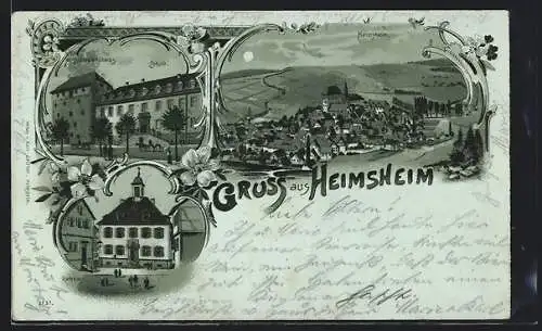 Lithographie Heimsheim, Rathaus, Schleglerschloss, Schule, Totalansicht