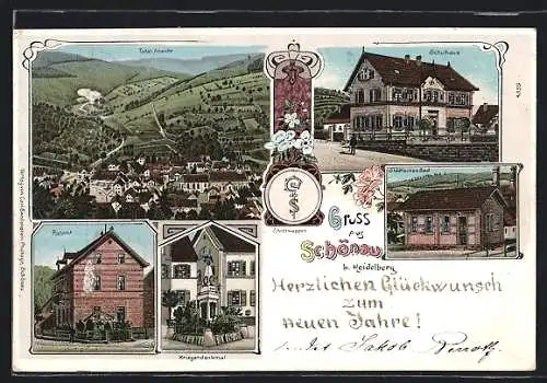 Lithographie Schönau / Odenwald, Städtisches Bad, Postamt, Schulhaus, Stadtwappen