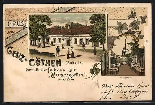 Lithographie Geuz-Cöthen, Gesellschaftshaus-Gasthof zum Bürgergarten, mit Ansicht des Wintergartens