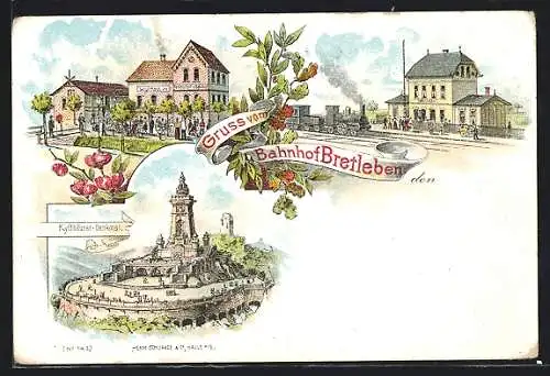 Lithographie Bretleben, Bahnhof, Kyffhäuser-Denkmal, Logirhgaus und Restaurant zum Bahnhof