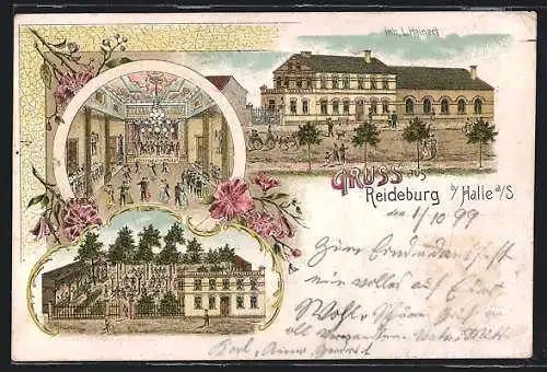 Lithographie Reideburg b. Halle, Gasthof von L. Heinert mit Ballsaal und Aussenbereich