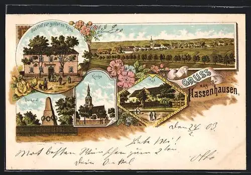 Lithographie Hassenhausen / Saale, Gasthof zur goldenen Rose, Denkmal, Kirche, Post