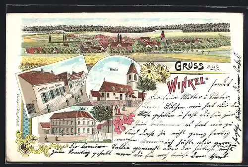 Lithographie Winkel / Wolferstedt, Gasthof zum Stern, Kirche, Schule
