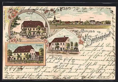 Lithographie Sachsendorf / Wurzen, Gasthof, Pfarrhaus, Schule und Turnplatz, Schloss