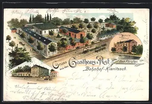 Lithographie Kieritzsch, Gasthaus zur Post aus der Vogelschau, Bahnhof, Schule