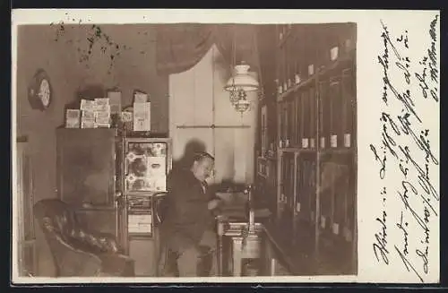Foto-AK Leipzig-Gohlis, Das Büro von Oscar Wittmann, Kolonialwarendhändler, Lindenthaler Str. 34, 1899