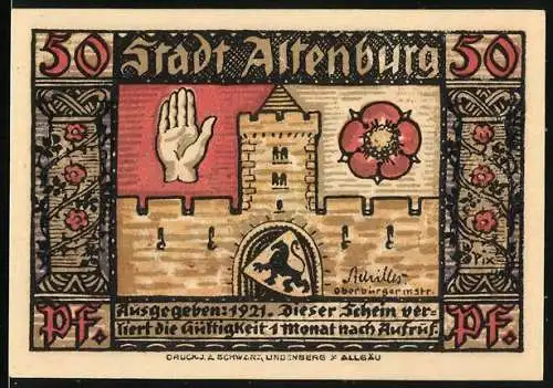 Notgeld Altenburg 1921, 50 Pfennig, Burg mit Wappen, Prinzenraub