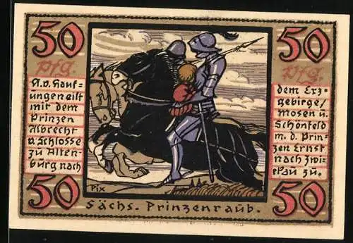 Notgeld Altenburg 1921, 50 Pfennig, Sächs. Prinzenraub, Burg mit Wappen