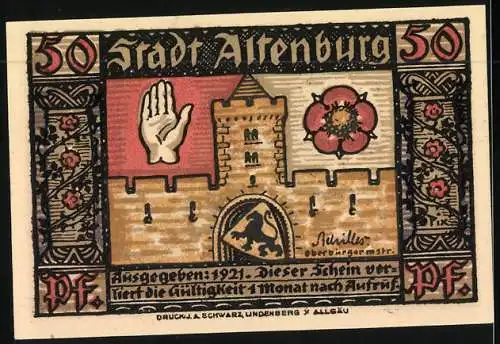 Notgeld Altenburg 1921, 50 Pfennig, Sächs. Prinzenraub, Burg mit Wappen
